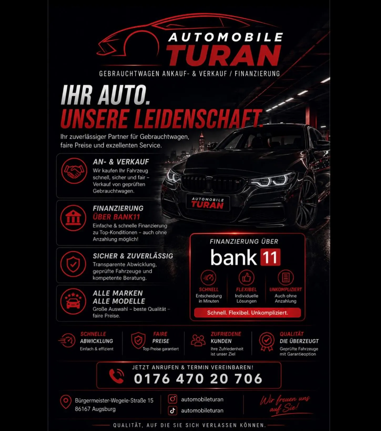 Originaler Werbeflyer von Automobile Turan: Ihr Auto. Unsere Leidenschaft. Fair & Transparent.